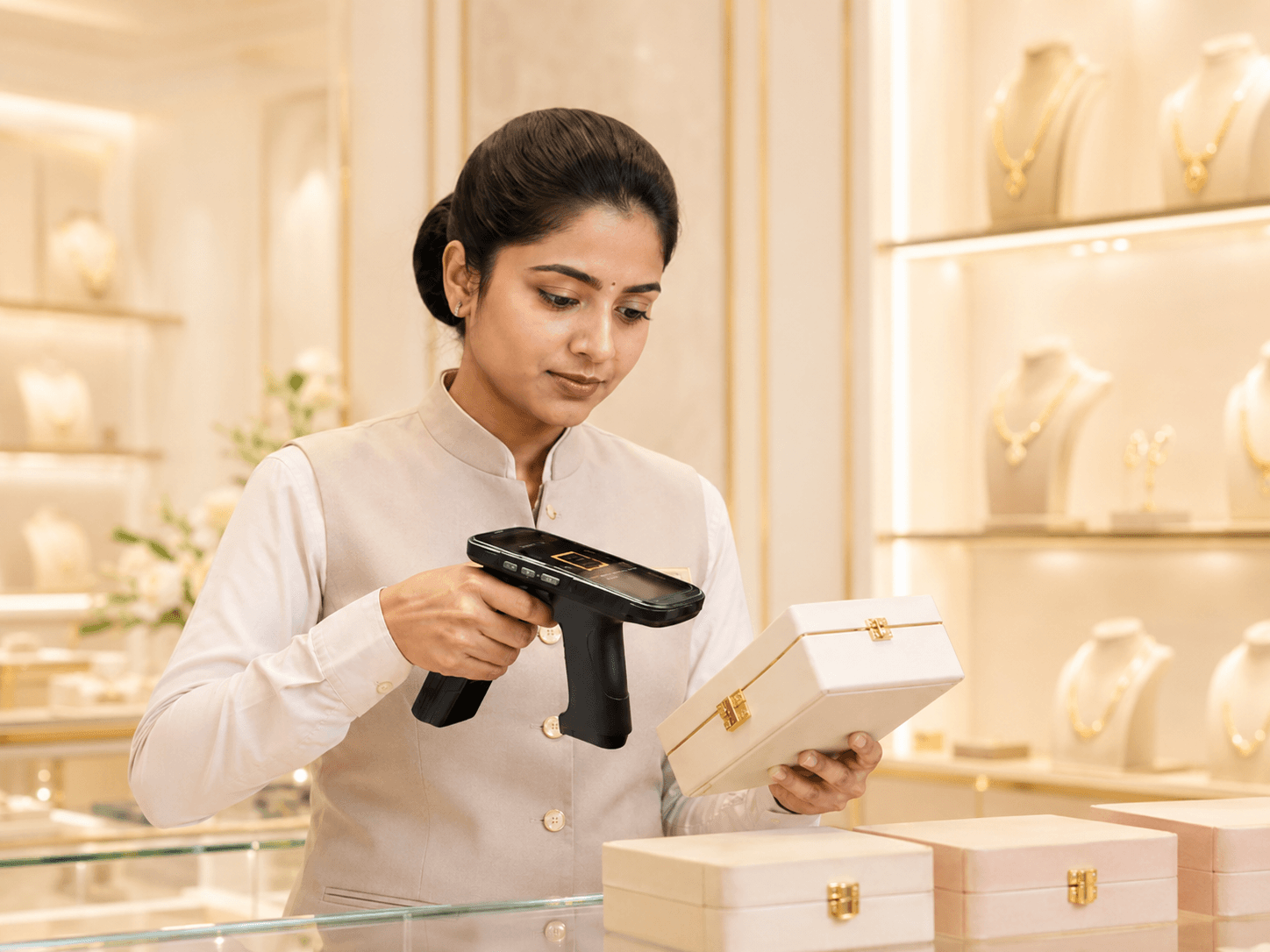 UHF RFID handheld scanner gun auditing gold jewellery through glass display trays